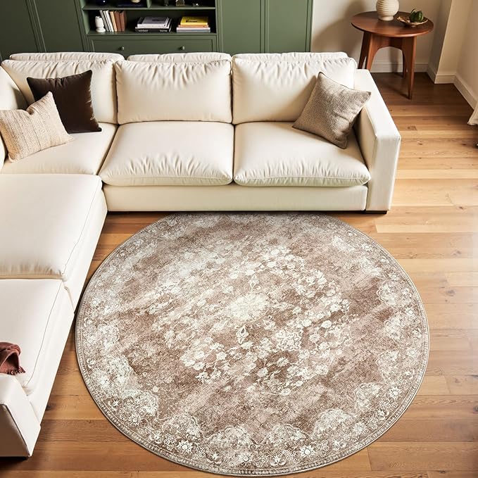 jinchan Round Rug 6ft Area Rug - Brown Vintage Floor Mat Kitchen Indoor - Washable Circle 6' Thin Floral Print Carpet Retro Farmhouse Non Slip Dining Room Living Room Bedroom Office