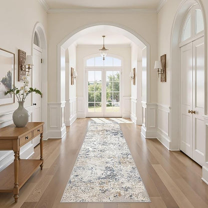 Washable Runner Rug for Hallway: 2.6x8 Neutral Modern Abstract Low Pile Area Rug with Non-Slip Backing - Carpet for Bedroom Kitchen Laundry Entryway Bathroom Indoor - Beige Blue