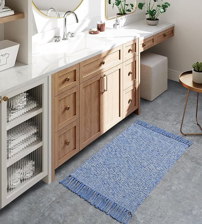 Collive Small Bathroom Rug, 2' x 3' Hand-Woven Low Profile Front Entryway Rug, Navy Blue Cotton Reversible Washable Kitchen Mat Modern Farmhouse Carpet for Foyer Bedroom Back Door Decor