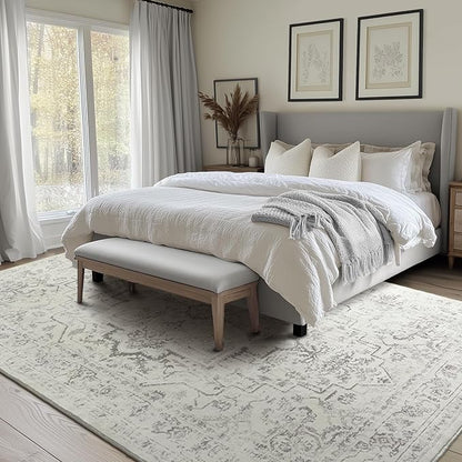 Extra Large Area Rugs 10x14 for Living Room, Farmhouse Distressed Printed Carpet Rugs for Bedroom Low Pile Thin, Non Slip Washable Neutral Boho Rug for Dining Room, Off White/Grey