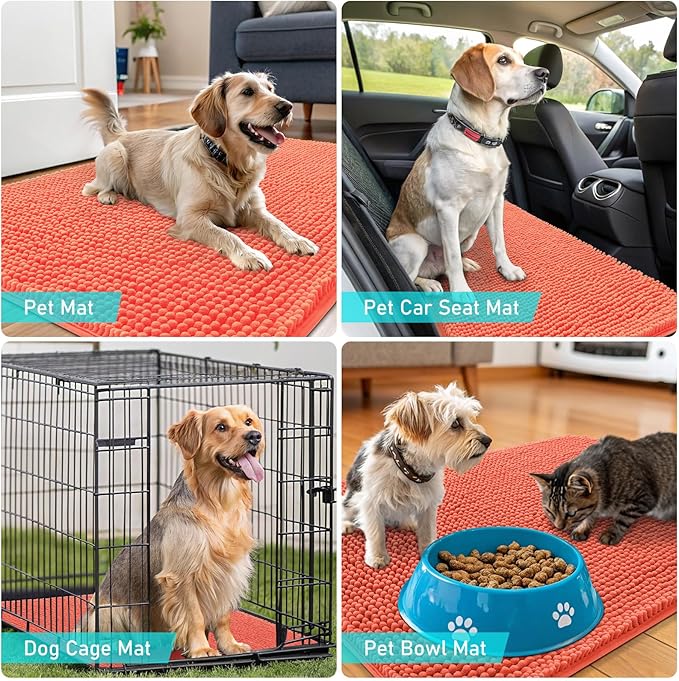 OLANLY Dog Door Mat for Muddy Paws 47x20, Absorbs Moisture and Dirt, Absorbent Non-Slip Washable Doormat, Quick Dry Chenille Mud Mat for Dogs, Entry Indoor Entryway Carpet for Inside Floor, Coral