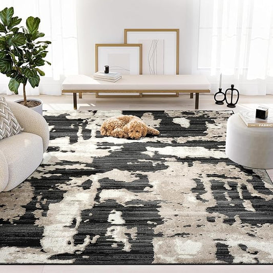 Abani Terra Cream Area Rug for Living Room, Bedroom - Black Abstract Pattern - 9' x 12' - Durable & Easy to Clean
