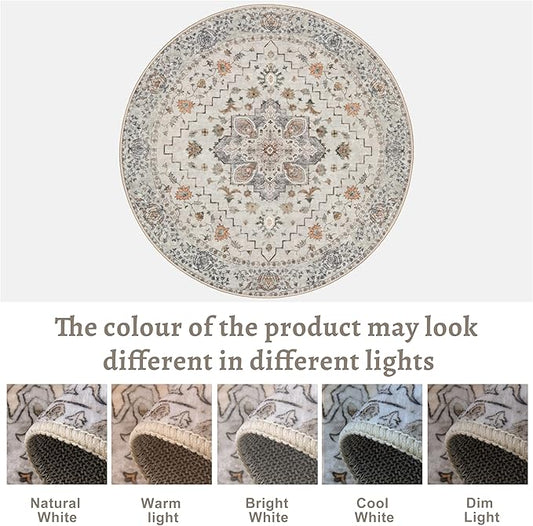 Tangsoo Vintage Round Rug 5ft, Washable Circle Rug, Non Slip Boho Round Area Rug, Low Pile Circular Rugs, Round Carpet for Bedroom,Livingroom,Nursery,Dorm,Office,Grey