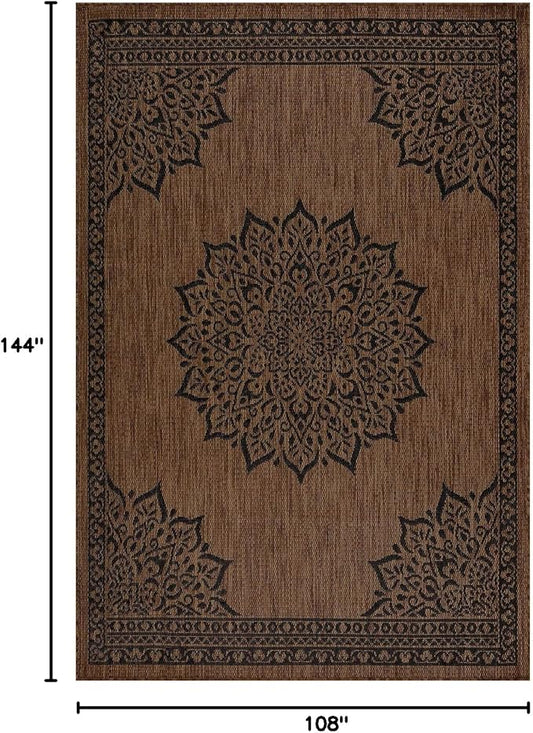 CAMILSON Outdoor Rug, 9x12 Medallion Nut Brown Black Modern Area Rugs for Large Indoor and Outdoor Patios, Kitchen and Hallway Mats, Washable Porch Deck Outside Carpet (Nut Brown Black, 9 x 12)