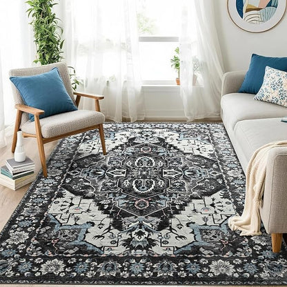 Beglad Area Rugs 4x6 for Living Room, Bedroom, Washable Vintage Rugs -Low Pile Soft Distressed Rugs for Kitchen, Dining Room, Non Shedding, Black and Blue
