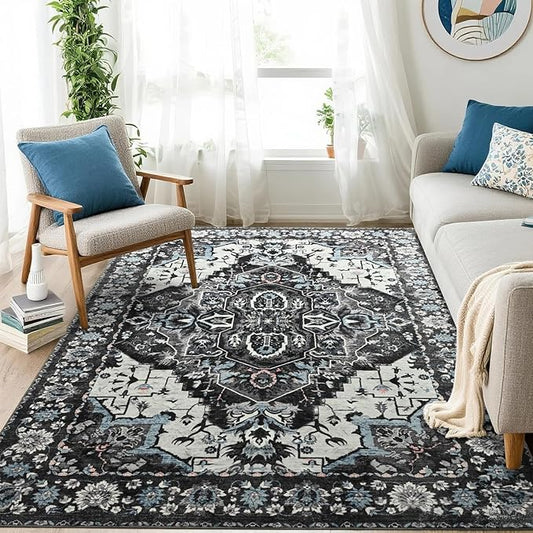 Beglad Area Rugs 4x6 for Living Room, Bedroom, Washable Vintage Rugs -Low Pile Soft Distressed Rugs for Kitchen, Dining Room, Non Shedding, Black and Blue
