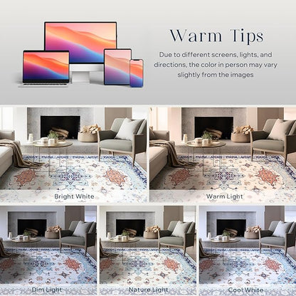Phantoscope Washable Area Rug 6'x9' Non-Slip, Vintage Boho Rugs for Living Room, Bedroom, Dining Room, Medallion Persian Symmetrical Pattern, Low-Pile Foldable Floor Carpet, Ivory Blue/Orange