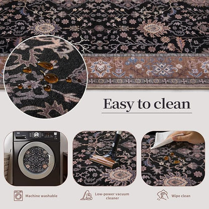 Ciicool Small Area Rug, 2x3ft Boho Black Rug, Ultra Soft Entry Rugs for Entryway, Non-Slip Washable Rugs Oriental Low-Pile Indoor Mat Floor Carpet for Entrance Bedroom Kitchen Bathroom Foyer Decor