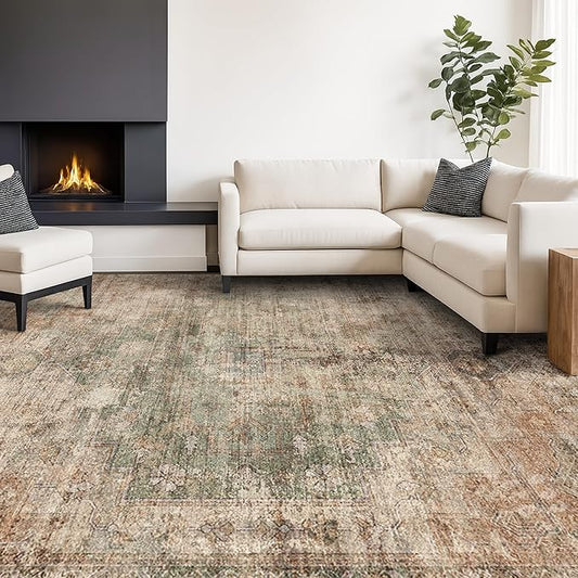 Low Pile Office Rugs for Rolling Chairs - 5x8 Modern Abstract Dark Rugs for Living Room, Large Entryway, Brown and Green with Burnt Orange Accent, Non Slip with Rubber Backed & Stain Resistant