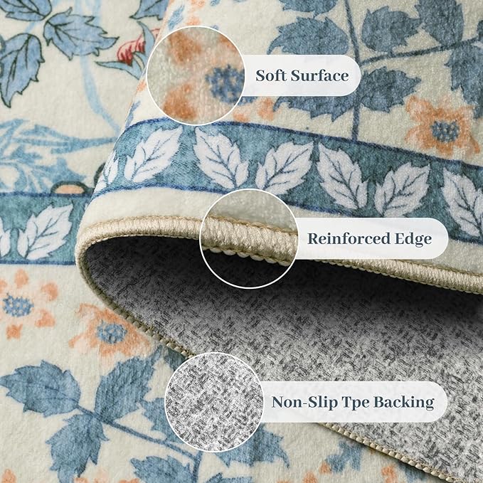 5x7 Area Rugs Living Room Rug - Floral Vintage Morris-Inspired Washable Carpet, Low Pile Non-Shedding Stain Resistance Boho Soft Carpet for Bedroom, Dining Room, Office, Farmhouse (5'x7' Blue/Orange)