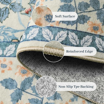 8x10 Area Rugs Living Room Rug - Floral Vintage Forest Washable Carpet, Low Pile Non-Slip Stain Resistance Boho Soft Large Carpet for Bedroom, Dining Room, Office, Farmhouse (8'x10' Blue/Orange)