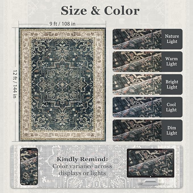 Large Vintage Area Rugs 9x12 for Living Room, Dark Distressed Medallion Printed Big Carpet Rugs for Bedroom, Washable Non Slip Low Pile Thin Rugs for Dining Room, Midnight/Multi