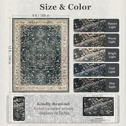 Large Vintage Area Rugs 9x12 for Living Room, Dark Distressed Medallion Printed Big Carpet Rugs for Bedroom, Washable Non Slip Low Pile Thin Rugs for Dining Room, Midnight/Multi