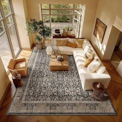Washable 8x10 Area Rugs for Living Room, Boho Non-Slip Vintage Distress Large Rugs for Bedroom Dining Room Nursery Office, 0.3" Neutral Oriental Throw Thin Carpet, Black/Brown/Blue/Multi