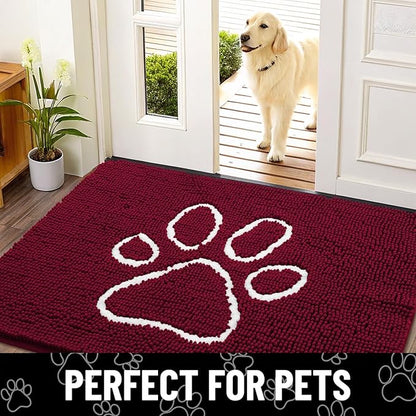Smiry Dog Door Mat for Muddy Paws, Absorbent Dirt Trapper Non Slip Quick Dry Washable Chenille Mat for Mud Dogs, Entry Rug for Indoor and Outdoor (47x32 Inches, Burgundy and White)