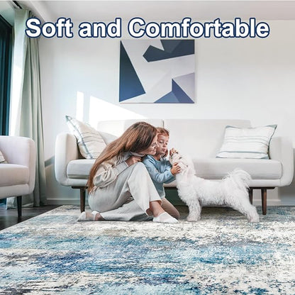 Washable Area Rugs for Living Room 9x12 - Large Neutral Modern Abstract Rug, Soft Low Pile Carpet with Non Slip Backing for Under Dining Room Table, Bedroom, Home, Office, Dorm - Blue Gray