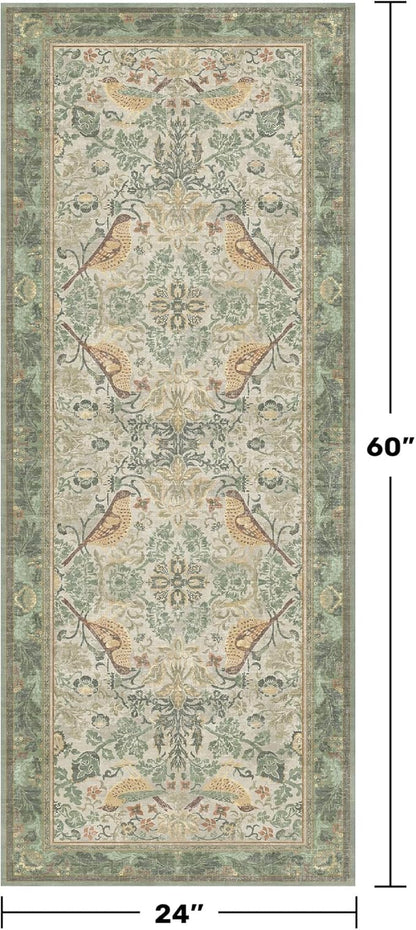 Sage Floral Kitchen Runners - 2x5 Runner Rug for Hallway Bathroom Laundry Room Bedroom Beside Bed Entryway, Boho Birds Leaves Patterned Non Slip Low Pile Washable Rugs
