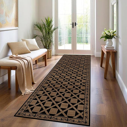 Minimalist Checkered Runner Rug, 2x8ft, Brown Checkerboard Floor Mat, Floral Print Hallway Kitchen Runners Rugs, Washable Breathable Reduce Noise Room Decor Carpet for Bedroom Foyer