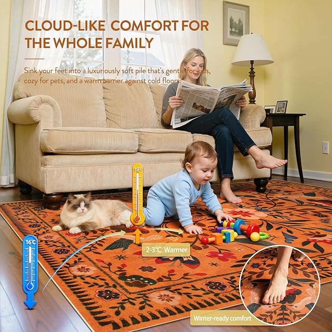 Moynesa Washable 8x10 Area Rugs for Living Room Bedroom Dining Room, Bohemian Scandinavian Modern Country Aesthetic Floral Bird Medallion Carpet, Fall Home Decor Open Floor Areas Protection Non-Slip