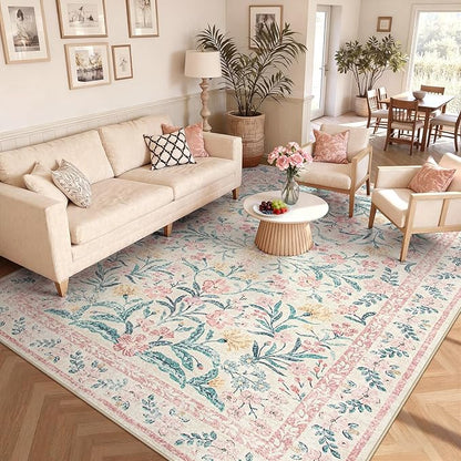 Wonnitar 8x10 Washbale Rugs for Living Room, Boho Pink Room Decor for Girls Bedroom, 8 x 10 Soft Non Slip Low Pile Indoor Floral Carpet for Kids Room Playroom Toddler Nursery