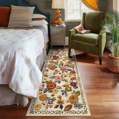 2x6 Machine Washable Runner Rug, Kitchen Hallway Area Rug Beige Vintage Boho Floral Ultra Non-Slip Low Pile Soft Faux Wool Carpet, Kids and Pets Friendly for Bedroom Entryway Nursery Home Decor Rug