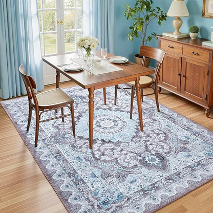 3x5 Area Rug for Bedroom, Machine Washable Rugs with Non-Slip Backing for Living Room, Soft Vintage Carpet Kitchen Laundry Kids Room Decor, Blue & Brown