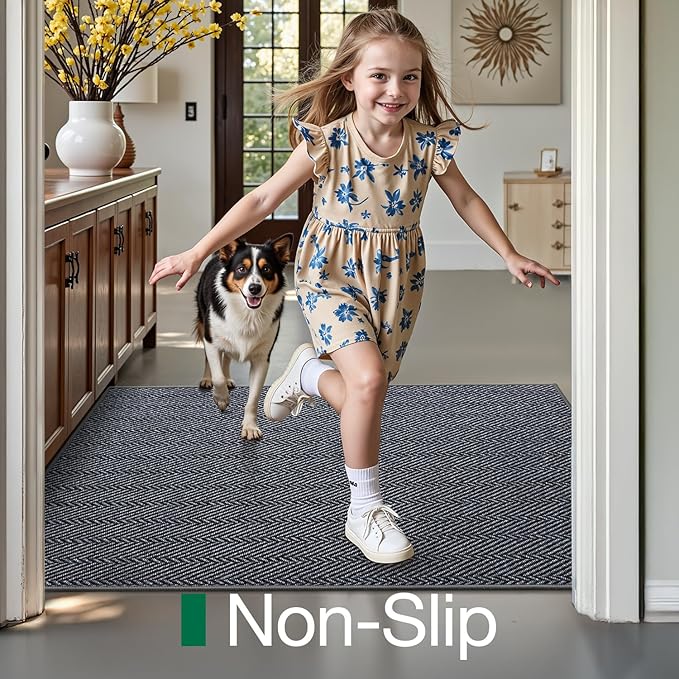 LUMI Ultra Thin Indoor Door Mat for Entrance 17"x30", Non Slip Entryway Mat, Low Profile Doormat, Unique Herringbone Design Carpet for Inside, Patio, Porch, Medium Gray