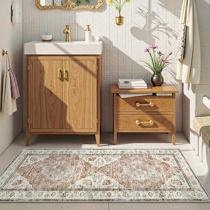 Uphome Bathroom Rugs Runner, Distressed Farmhouse Boho Orange Bath Mat, Non Slip Washable Long Bath Rugs, Vintage Traditonal Soft Velvet Bathroom Runner for Bathtub Sink Shower, 20x60 inch