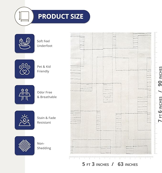 Abani Cream Area Rug – 5' x 8' – Oliver Collection – Geometric Linework Pattern – Non-Shedding, Easy to Clean – Durable for Living Room, Bedroom, or Office, Pet & Child Friendly
