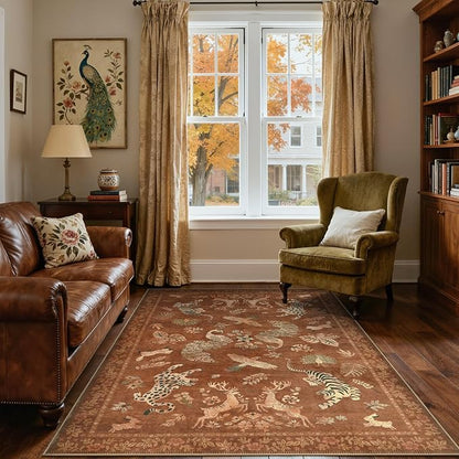 Moynesa Orange 5x7 Bedroom Rugs, Vintage Peacock Floral Washable Area Rugs for Living Room Dining Room Office Study, Low Pile Soft Non-Slip Water Repellent Carpets for Fall Winter Home Decor