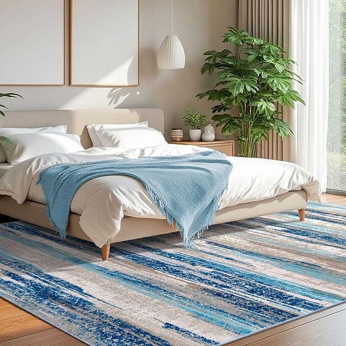 Modern Abstract 8x10 Large Machine Washable Living Room Rug Non-Slip Soft Bedroom Area Rug Blue Ultra Thin Print Faux Wool Carpet Throw Rugs for Nursery Playroom Dining Room Indoor Office