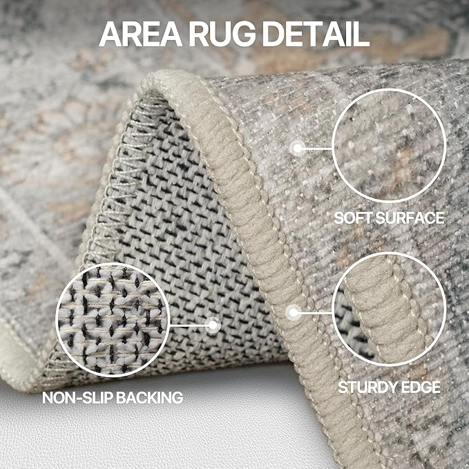 Bavni 2x5 Washable Runner Rug for Hallway, Vintage Grey Rug with Non-Slip Backing, Oriental Distressed Print Indoor Kitchen Runner, Low Pile Thin Soft Small Rugs for Entryway, Bedroom, Laundry Room