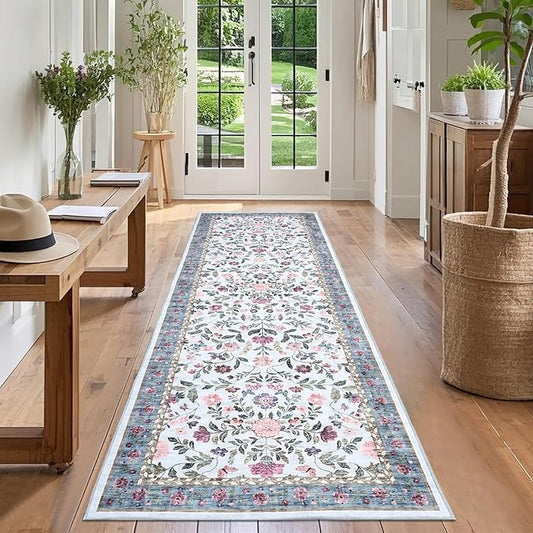 GarveeHome Washable Runner Rug 2 x 6 Non-Slip Non-Shedding Soft Vintage Bedside Rug, Low Pile Farmhouse Floral Carpet, Indoor Foldable Printed Entryway Rug for Hallway Kitchen, Light Blue
