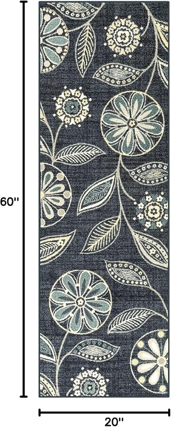 Maples Rugs Reggie Floral Runner Rug - Made in USA - Washable, Non Slip Indoor Carpet for Kitchen, Hallway, and Laundry Room, 1'8 x 5, Persian Blue
