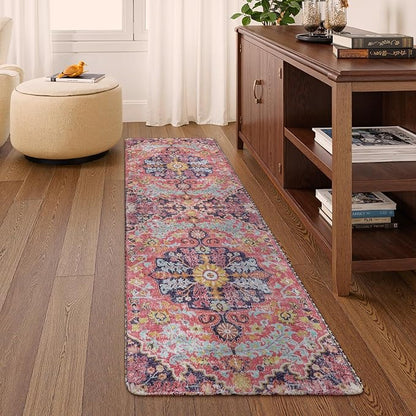 Lahome Bohemian Floral Medallion Runner Rug - 2x6 Hot Pink Hallway Runner Laundry Mat, Machine Washable Non-Slip Soft Indoor Carpet for Bathroom Bedside Basement Camper Home Decor, Fuchsia/Multi