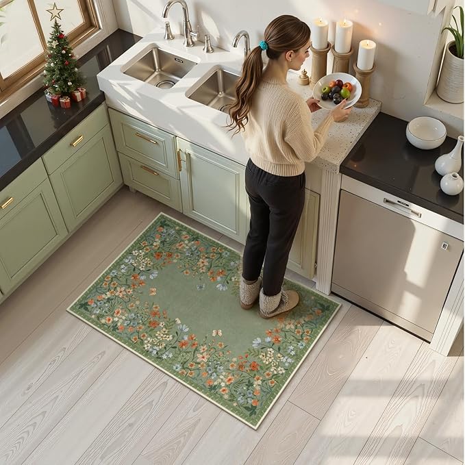 Wonnitar 2x3 Boho Bathroom Rugs Non Slip Washable Kitchen Rug, Green Floral Small Area Rugs for Entryway, Low Pile Soft Door Mat Indoor Entrance Throw Carpet for Bedside Laundry Room (Green,2'x3')