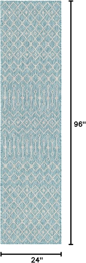 Unique Loom Outdoor Trellis Collection Area Rug - Tribal Trellis (2' x 8' Runner, Aqua/ Ivory)