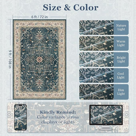 Distressed Farmhouse Area Rugs 6x9 for Living Room, Low Pile Thin Rugs for Bedroom Manchine Washable Non Slip, Medallion Pinted Carpet for Dining Room Guest Room Home Office, Deep Blue/Multi