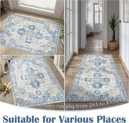 jinchan Kelda Runner Rug 3x10 Washable Rug Soft Hallway Runner Indoor Vintage Print Floor Cover Retro Distressed Lightweight Non-Slip Thin Carpet for Bathroom Kitchen Living Room Bedroom Blue