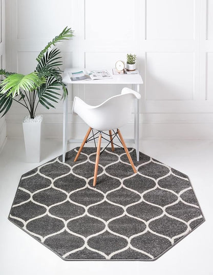 Rugs.com Lattice Frieze Collection Rug – 5' Octagon Dark Gray Medium Rug Perfect for Living Rooms, Kitchens, Entryways
