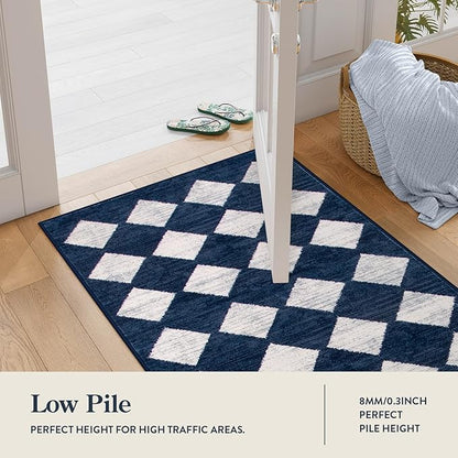 Lahome Checkered Washable Runner Rug,2x6 Rug Runners for Hallways Non Slip,Blue Kitchen Runner Rug,Moroccan Trellis Soft Low Pile Carpet Runners for Entryway Laundry Room Bathroom(2'x6',Blue)