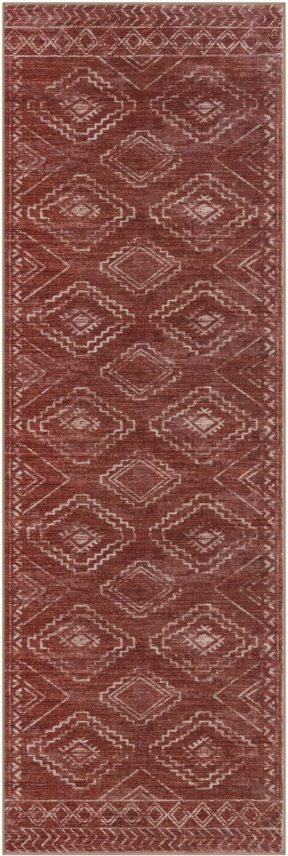 KILOCOCO Boho Kitchen Runner Rug 2x6 Washable Runner Rug, Soft Runners for Hallways Non Slip Printed Distressed Laundry Room Rug, Low-Pile Rug for Entryway/Bedroom/Living Room, Burnt Orange/Red
