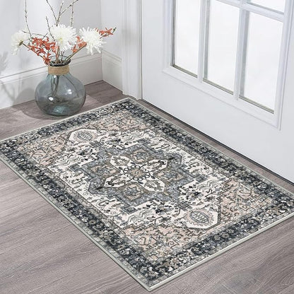 KOZYFLY Small Area Rug 2x3 Ft Rugs for Entryway Washable Boho Entry Rug Non Slip Door Mat Indoor Entrance Faux Wool Vintage Printed Kitchen Rug Throw Rugs for Entrance Kitchen, Black/Taupe/Beige