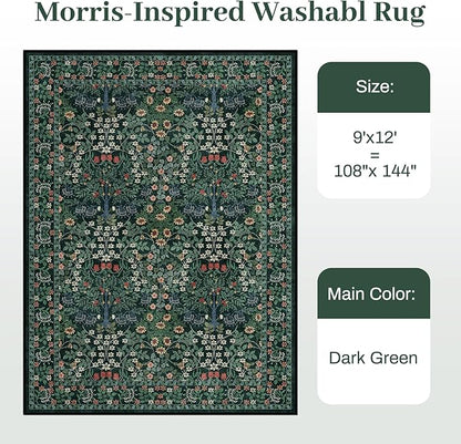 9x12 Area Rug Living Room Rug - Floral Vintage Forest Washable Carpet, Low Pile Non-Slip Stain Resistance Boho Soft Large Carpet for Bedroom, Dining Room Under Table, Farmhouse (9'x12' Dark Green)