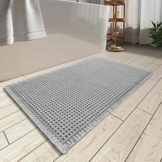AMOAMI Upgraded Waffle Bath Mat, Super Absorbent Non Slip Bath Mats for Bathroom Floor, Machine Washable Bathroom Rugs with Tassels, Rubber Backed Bathroom Mats, Ultra Soft, 17" x 24", Grey