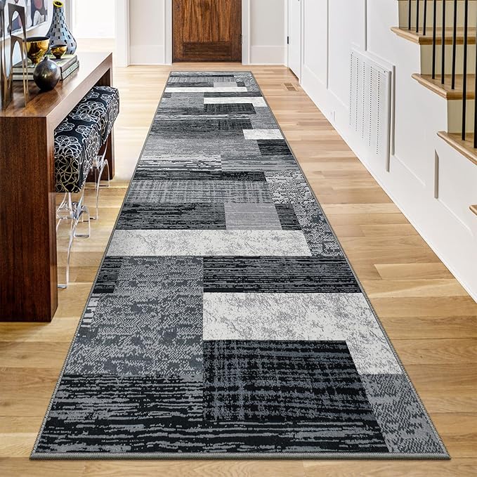 Indoor Runner Rug, Washable Runner Rug with Rubber Backing, Modern Geometric Patchwork Aesthetic Carpet for Bedroom, Living Room, Hallway, Entryway, Washable Rugs Rockwood Collection, 2.7x10 Ft Grey