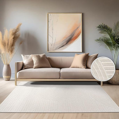 Paco Home Modern Area Rug with Raised Curved Line Pattern – Minimalist Design in Cream, Size: 7'10" x 11'2"