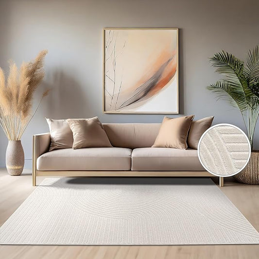 Paco Home Modern Area Rug with Raised Curved Line Pattern – Minimalist Design in Cream, Size: 5'3" x 7'7"