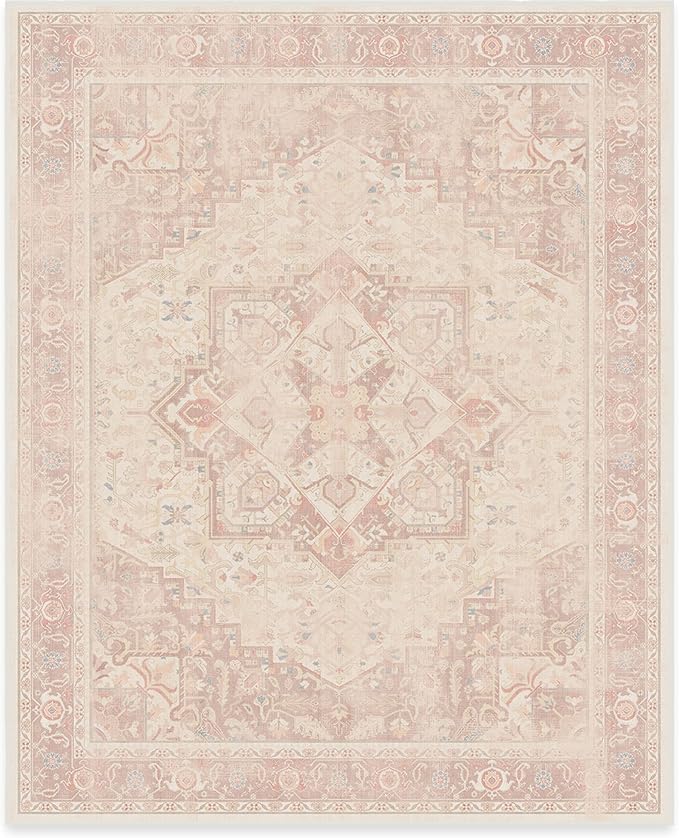 RUGGABLE Washable Area Rug – Kamran Soft Pink 8x10, Stain-Resistant, Non-Slip – Large Machine Washable Rugs for Living Room, Bedroom, Hallway, Entryway & Office–with Standard Pad