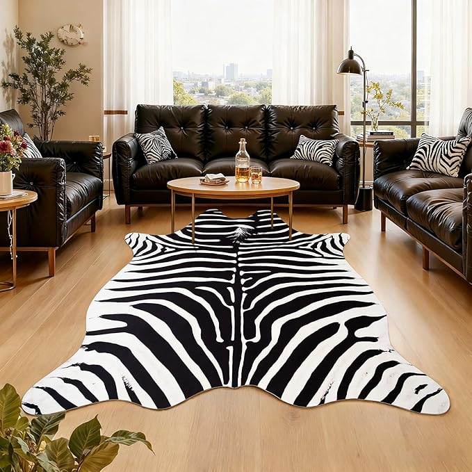 AROGAN Premium Faux Zebra Hide Rug 5.2 x 6.2 Feet, Sturdy and Large Size Bear Print Rugs, Suitable for Bedroom Living Room Western Decor, Faux Fur Animal Carpet, Black and White